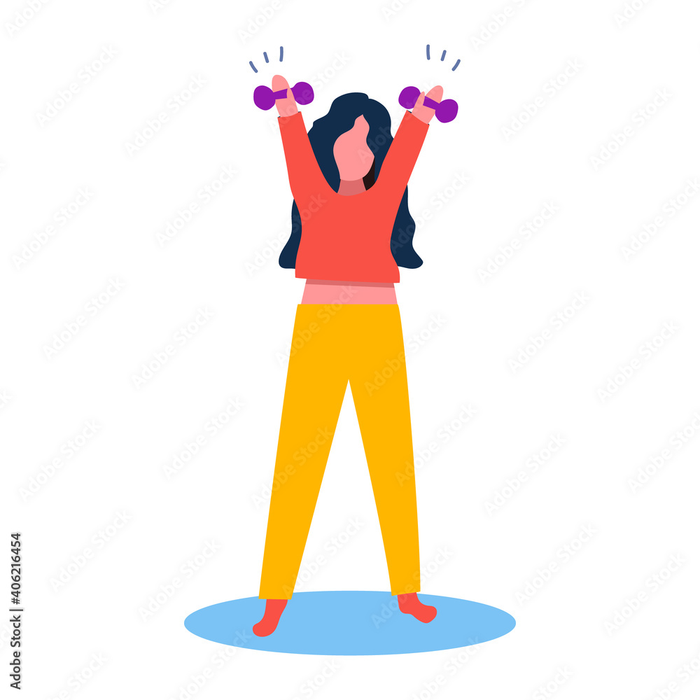 Fototapeta premium the girl is engaged in sports at home with dumbbells, exercises on her hands