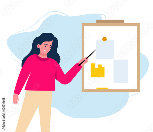 the girl stands with a pointer near the board with notes, statistics and graphs. Holding meetings, planning meetings, summing up the results