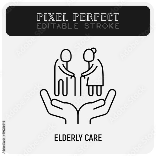 Elderly people care. Nursing home thin line icon. Geriatric medicine. Pixel perfect, editable stroke. Vector illustration.