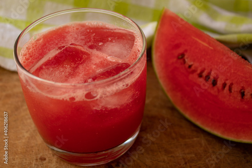 Tropical watermelon drink with ice cubes