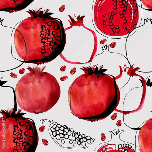 Seamless pattern with illustration of pomegranate watercolor with ink on light gray background photo