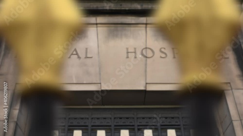 Rack Focus And Zoom On The Sign For A Scary Victorian Era 'Mental Hospital' (Psychiatric Hospital)