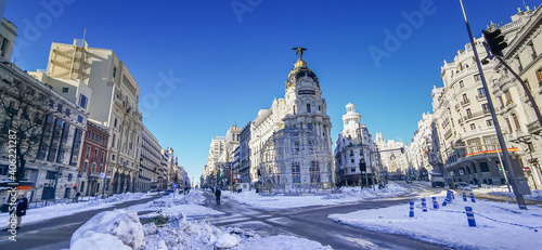 Calle Alcalá in Madrid covered by snow and cold from the storm Filomena. Great snowfall in Madrid. Snow storm.