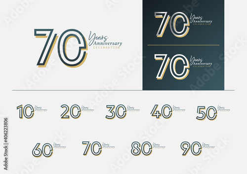 Set of anniversary logotype with minimalism gold, silver and blue color style for celebration event. Vector Template Design Illustration.