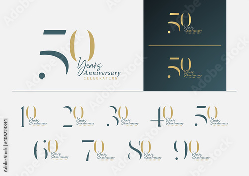 Photo Set of anniversary logotype with minimalism gold, silver and blue color style for celebration event