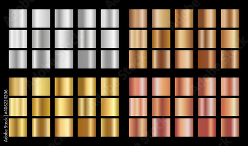 Big collection of metallic gradients. Metal gradient collection: Gold, silver, pearl, bronze palette. Vector color set.