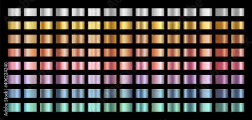 Big collection of metallic gradients. Metal gradient collection: Gold, silver, pearl, bronze palette. Vector color set.