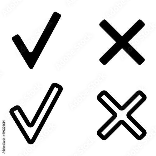 Vector icon tick and cross. Icon of the outline of the tick and the cross. Icon ticks and crosses isolated on a white background.