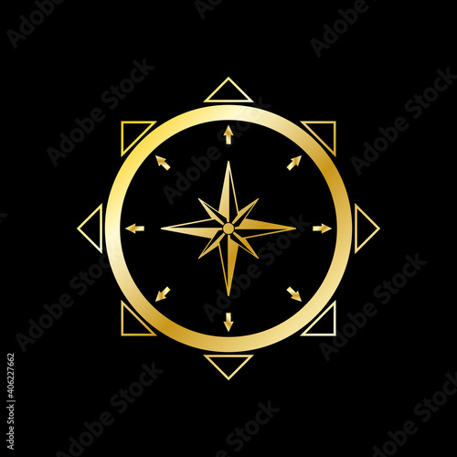 Geographic scientific compass vector icon. Compass wind rose icon in flat style. Compass vector icon in gold color. Gold compas on black background. Vector illustration. Icon isolated.