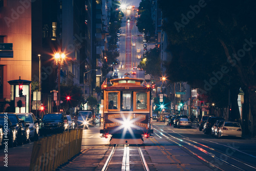 San Francisco Cable Car Trolley Tram on California Street at Night photo