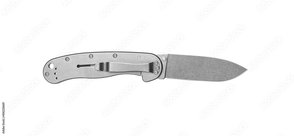 Pocket folding knife isolate on white back. Compact metal sharp knife with a folding blade. Pocket folding knife isolate on white back. Compact metal sharp knife with a folding blade.