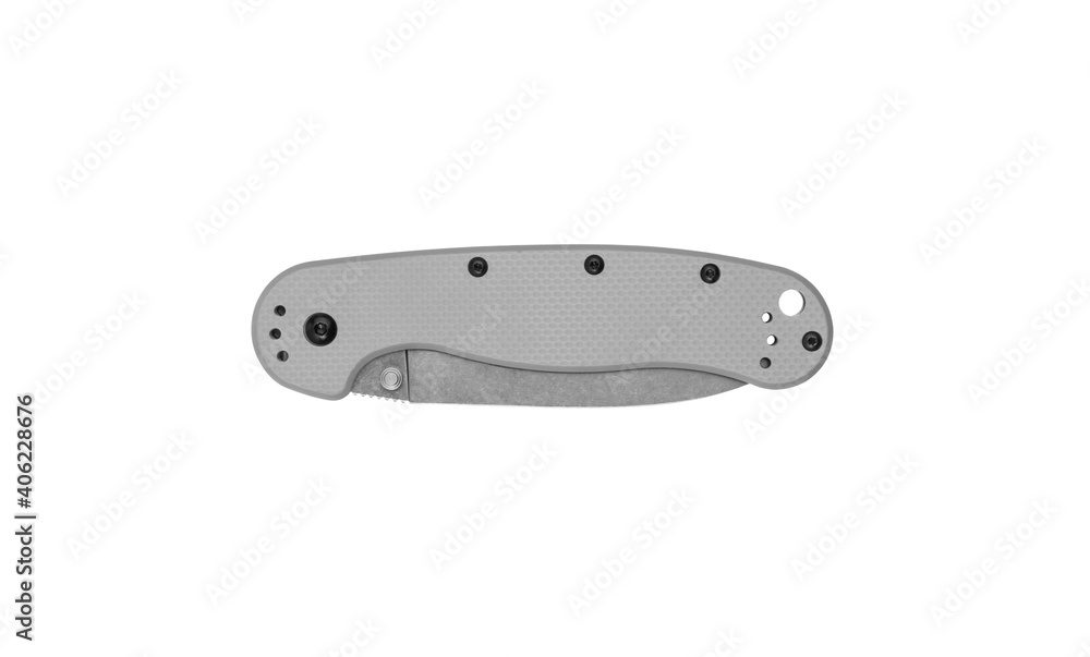 Pocket folding knife isolate on white back. Compact metal sharp knife with a folding blade. Pocket folding knife isolate on white back. Compact metal sharp knife with a folding blade.