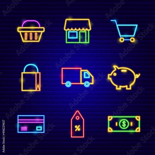 Neon Shop Icon Set Vector Illustration of Shopping Objects Collection