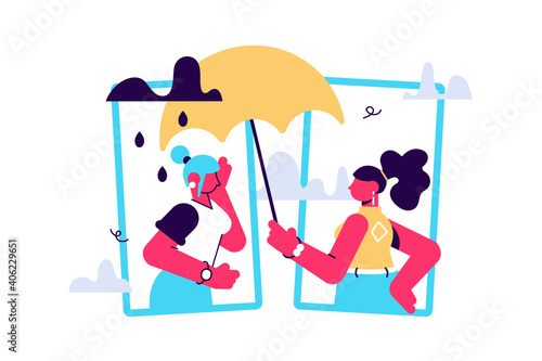 Girl comforts her sad friend over the phone. Woman consoles and cares about girl