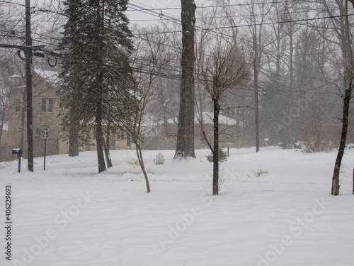 suburban neighborhood during a snow storm in winter © Michele