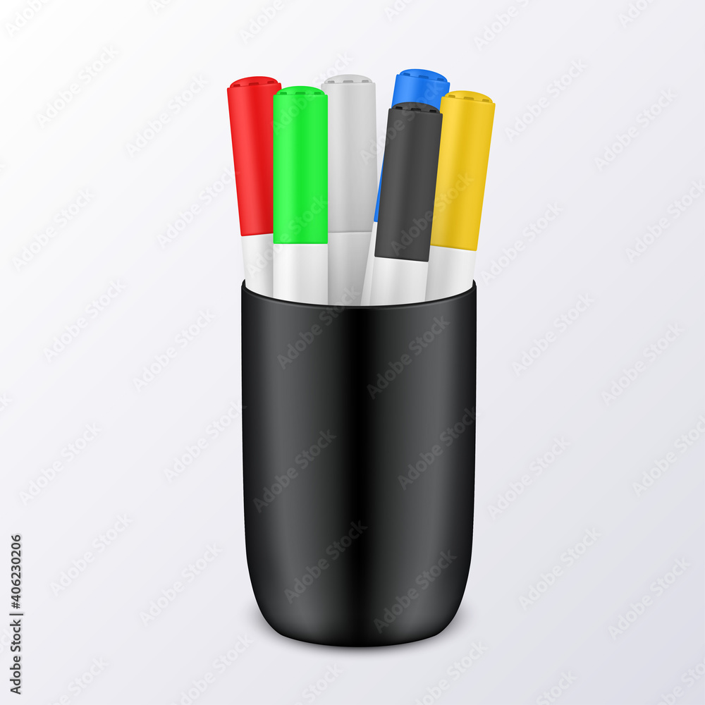 Markers in black plastic cup. Felt or fibre-tip pens colorful set for drawing. Stationery. Markers in black plastic cup. Felt or fibre-tip pens colorful set for drawing. Stationery.
