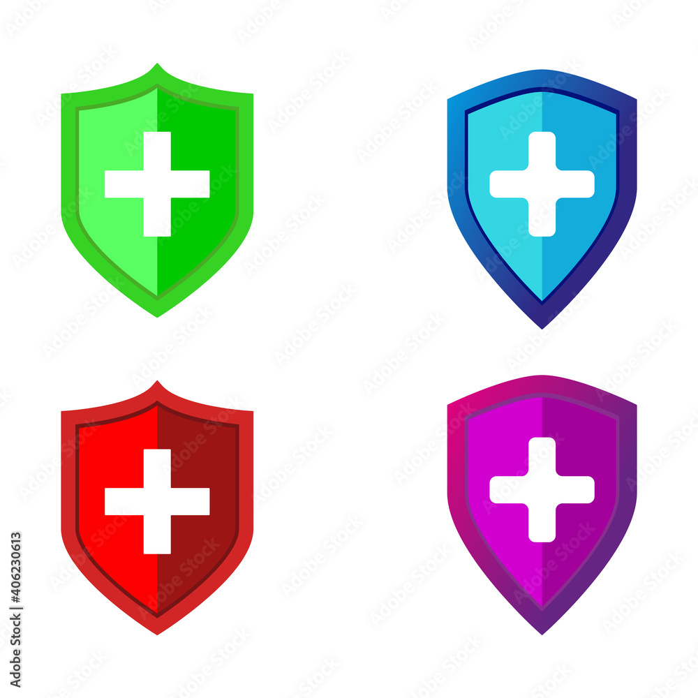 Fototapeta premium Medical protection icon. Protecting health from viruses and diseases. Vector set of shield icons with medical crosses inside. Coronavirus protection COVID-19. Set of shields for medical purposes.