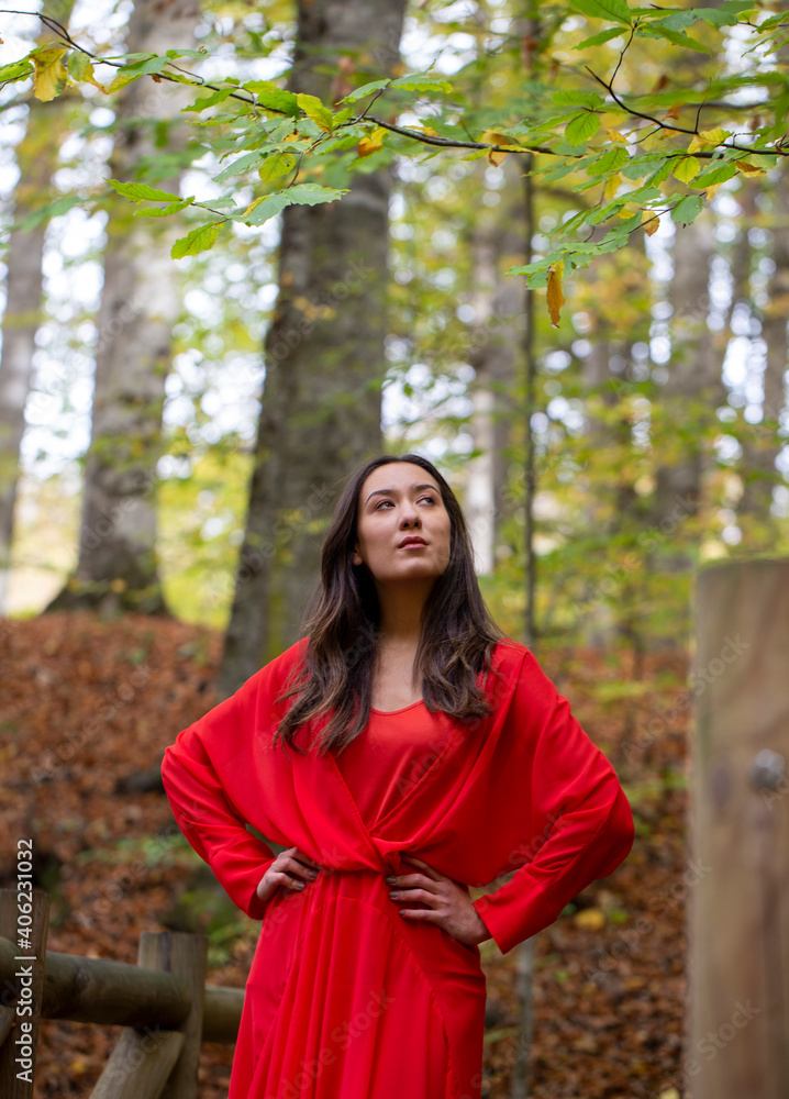 beautiful woman in red dress in the forest