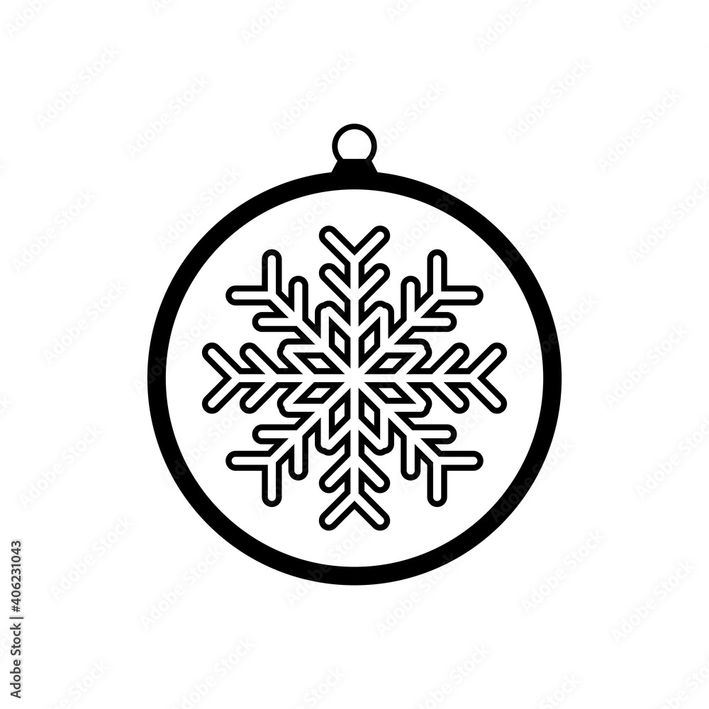 Fototapeta premium Gray Christmas ball with a snowflake. Vector icon of Christmas and New Year ball toy in flat style. Outline of a New Year's ball with a snowflake. Icon isolated. Vector illustration.