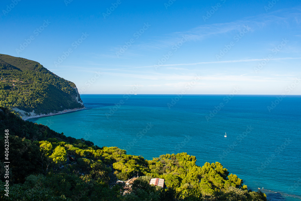 Riviera del Conero, Marche, Italy. A sailboat on the Adriatic sea