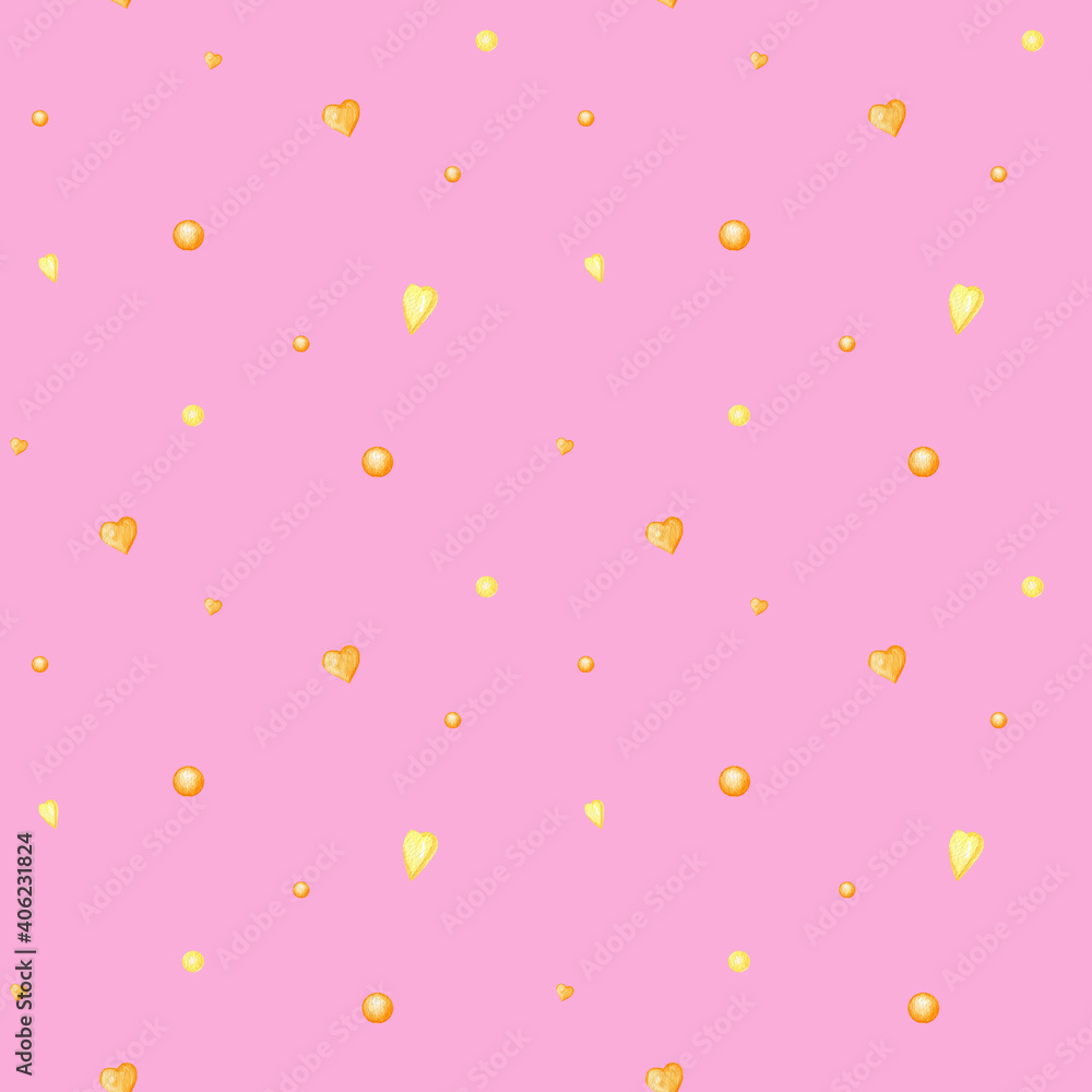 Seamless pattern heart Valentine's Day, love Greeting card concept. Watercolor texture for scrapbooking. Wedding, banner, poster design. Hand drawn yellow hearts on pink background Seamless pattern heart Valentine's Day, love Greeting card concept. Watercolor texture for scrapbooking. Wedding, banner, poster design. Hand drawn yellow hearts on pink background