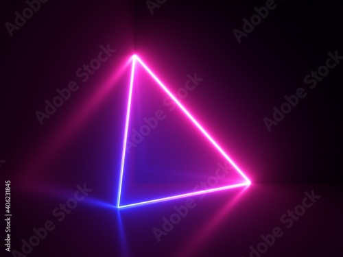 3d render, abstract minimal background with simple geometric shape. Triangle placed in the corner, glowing with pink and blue neon light in the dark.