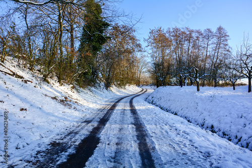 Snow on the road, in nature