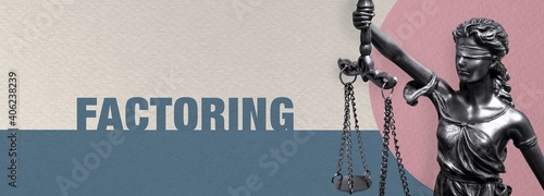 Factoring. Close-up of a Lady Justice statue. Law and lawyer symbol. Figure stands in front of paper with text.