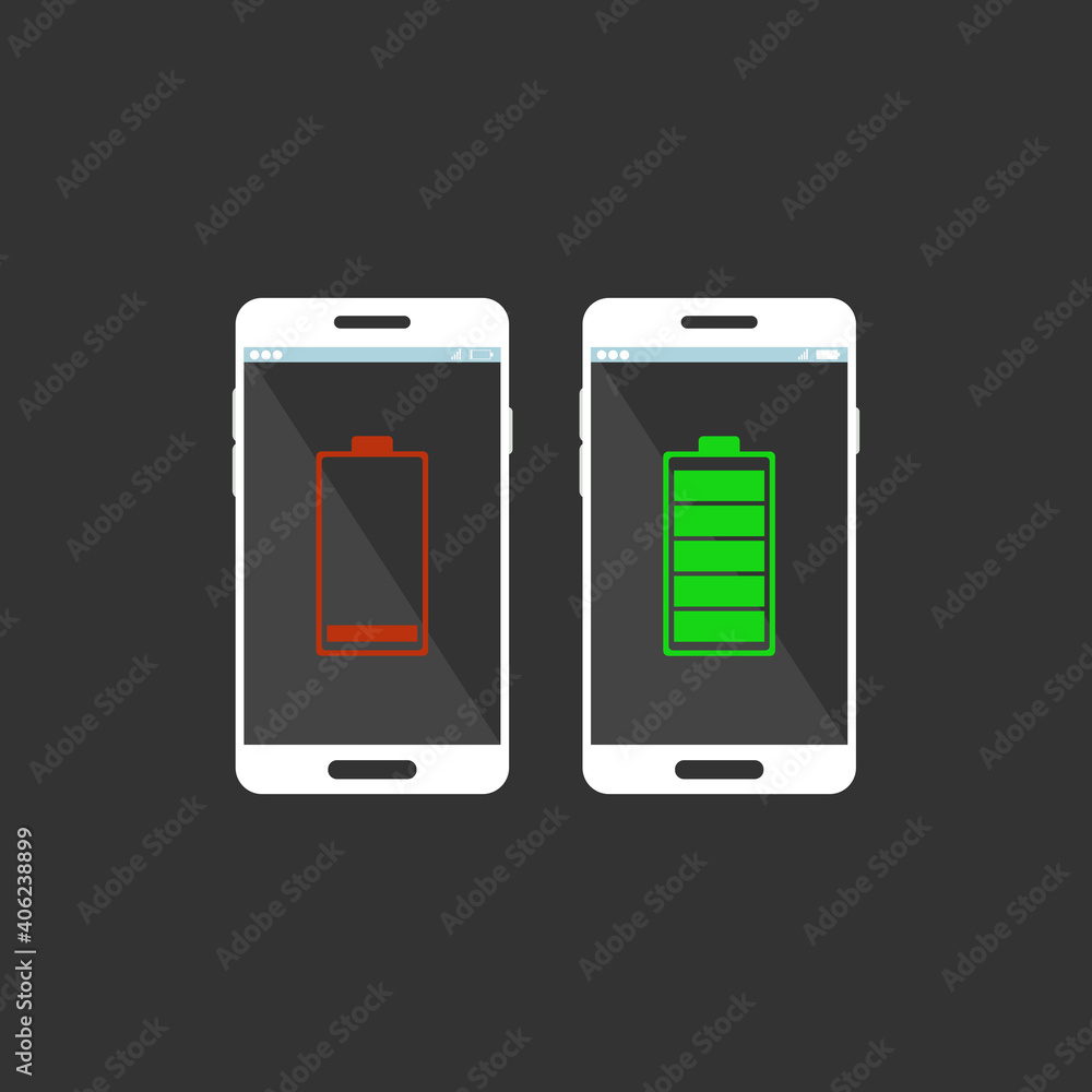 Mobile phone with low and full battery. Vector illustration. Mobile phone with low and full battery. Vector illustration.