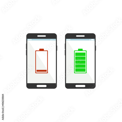 Mobile phone with low and full battery. Vector illustration.