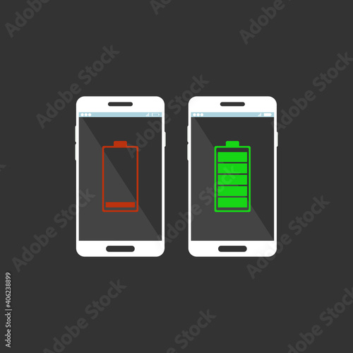 Mobile phone with low and full battery. Vector illustration.