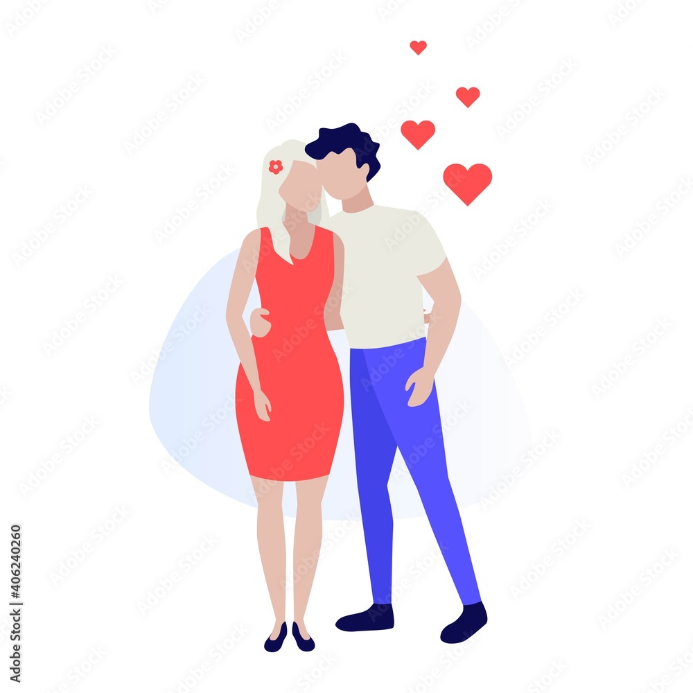 Happy young couple. Loving couple during date, romantic, hugging, kiss. Valentine's Day love and feelings. Human characters on white background. Color vector illustration Happy young couple. Loving couple during date, romantic, hugging, kiss. Valentine's Day love and feelings. Human characters on white background. Color vector illustration