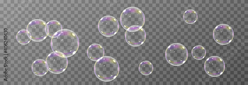 Vector soap bubble. Realistic soap bubble png, glare. Foam bubbles png. Powder, soap, detergent. Vector image.