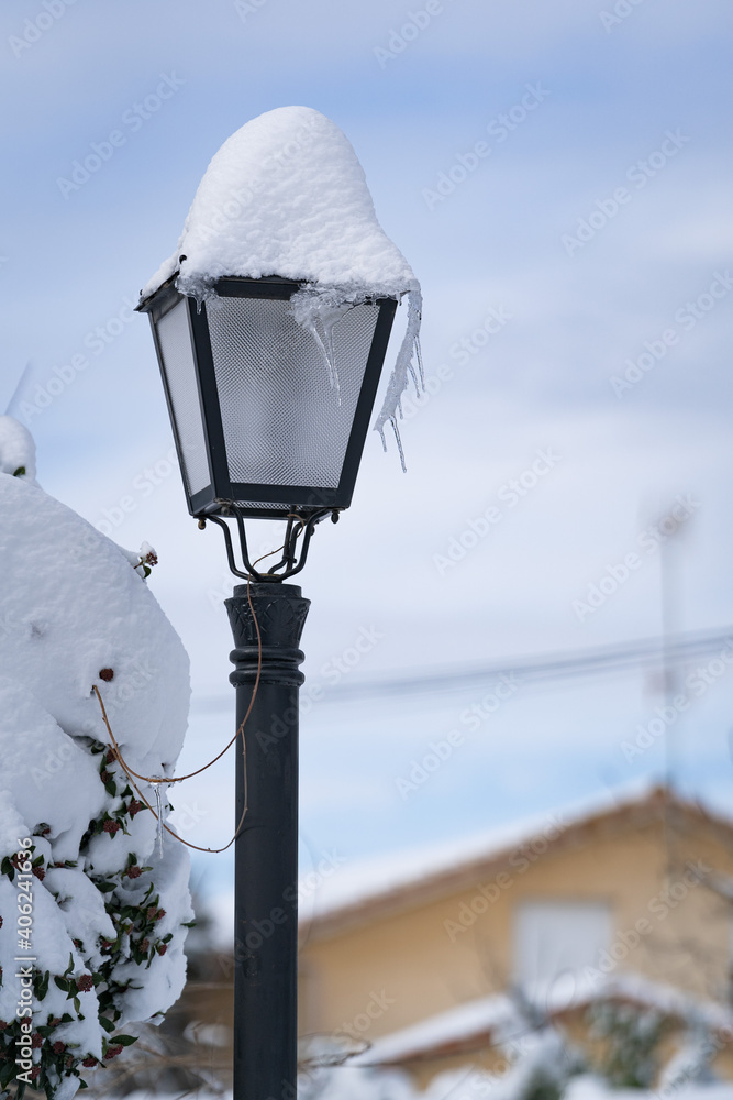 Frozen streetlight in Madrid, Spain