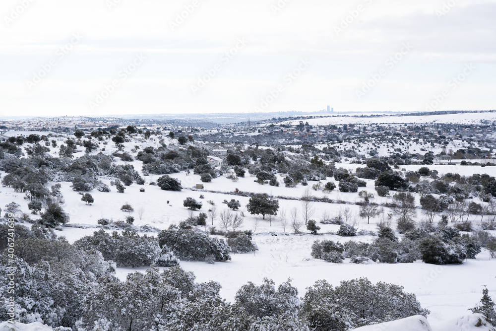 Madrid skyline with a lot of snow