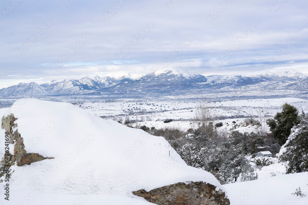 View to the mountains of north Madrid after the historical snow fall