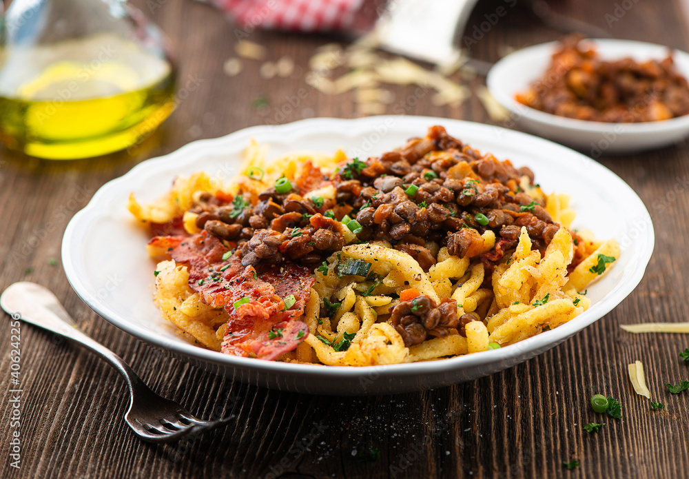 Spaetzle with lentils and bacon