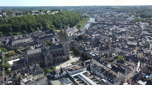 View from drone of old traditional houses in historic part of Quimper town at summer day, France