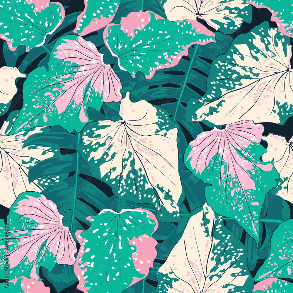 Plakat Seamless pattern botanical Caladium and palm green leaves on isolated black background.Vector illustration.watercolor style