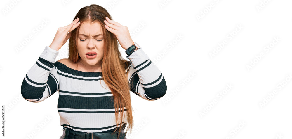 Young beautiful redhead woman wearing elegant clothes with hand on head for pain in head because stress. suffering migraine. Young beautiful redhead woman wearing elegant clothes with hand on head for pain in head because stress. suffering migraine.