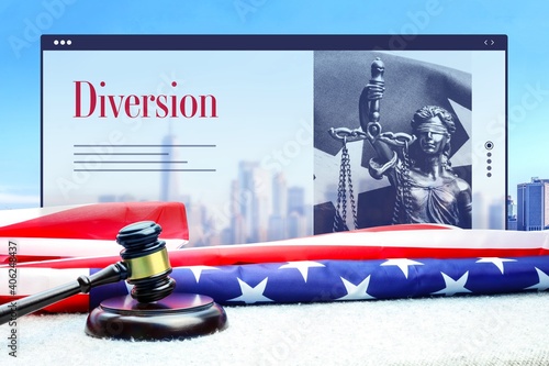 Diversion. Judge gavel and america flag in front of New York Skyline. Web Browser interface with text and lady justice.