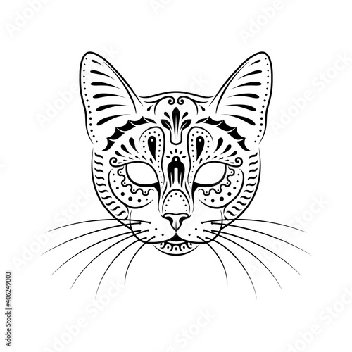 Decorative cat portrait on white background. Line art. Stencil art. Stylized cat face. Cat with whiskers. © Alyoha