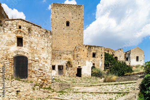 View of the abandoned ghost town of Craco, a popular tourist attraction in Basilicata region and filming location, Italy