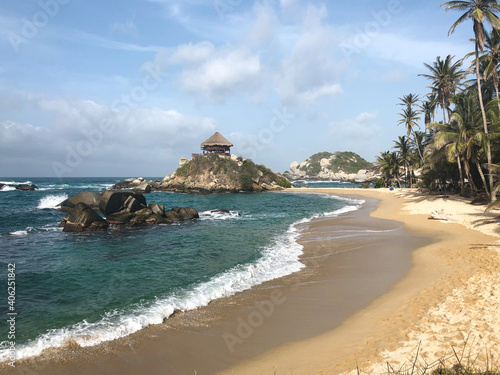 Cabo San Juan in Tayrona national park, Colombia. Caribbean beach with a cabana in an island with palms in Colombia.