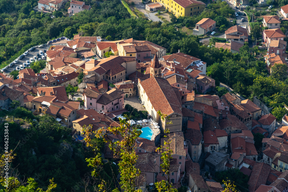 Aerial view of the town of Maratea on the Tyrrhenian coast of Basilicata and famous tourist destination, Italy