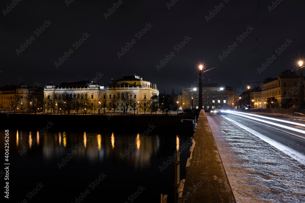 .Prague architecture from the 19th century in the center of Prague at night and street lighting