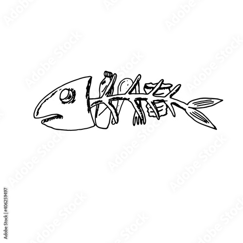 Plastic in the fish skeleton. Ocean pollution with plastic debris. Plastic spoon, fork, straw, bottle, glass. Vector illustration. Hand drawing. Doodle.
