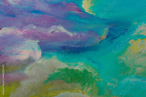 Fototapeta Naklejka Na Ścianę i Meble -  abstract creative background: light bright chaotic spots of oil paint on linen canvas before tone priming