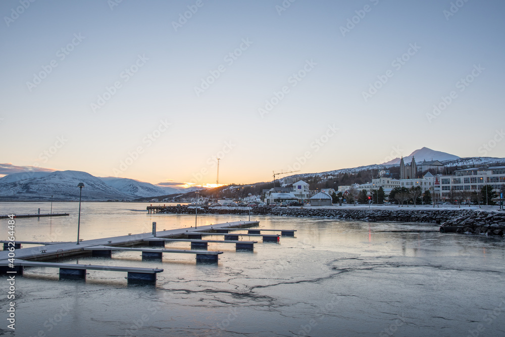 Fototapeta premium Coastline of town of Akureyri in Iceland