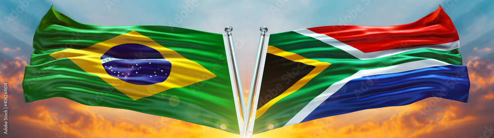 Double Flag South Africa and Brazil flag waving flag with texture sky ...